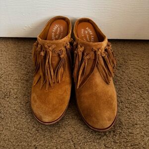 Kork-Ease Brown Suede Fringe Mules